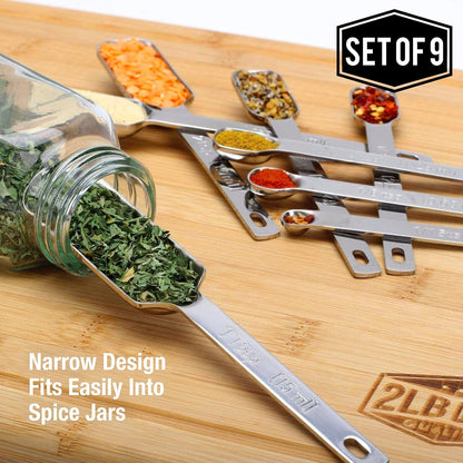 9Pc Stainless Steel Measuring Spoon Set with Leveler - Durable and Rust-Proof - Chrome-Plated, Narrow Rectangular Spoons with Long Handles - Accurate Measurements6