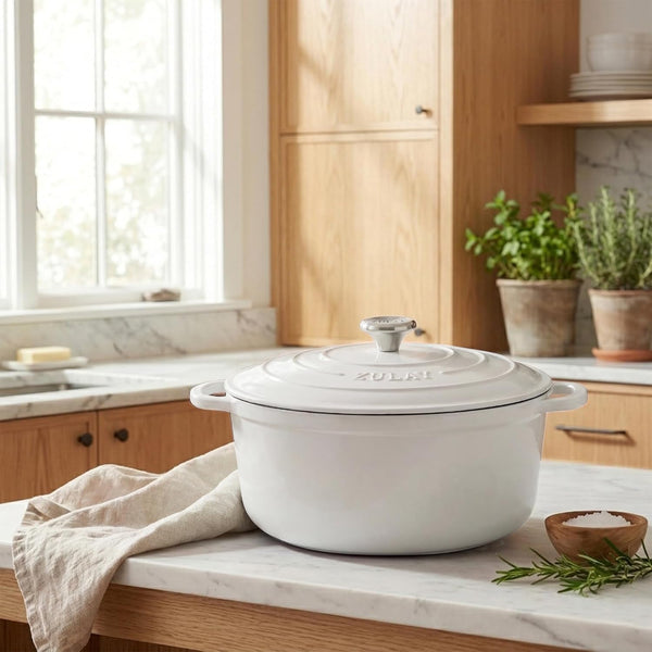 6.4QT Enameled Cast Iron Dutch Oven Pot with Lid, Heavy-Duty Soup Pot for Stews, Braising, Roasting & Sourdough Bread Baking, Oven Safe up to 500°F - White2