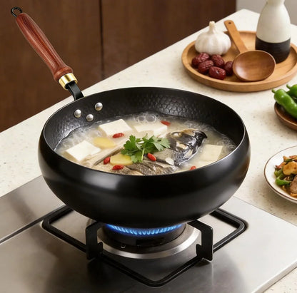 Fast-Heating Cast Iron Stir-Fry Pan Deep round Base with Wooden Handle-24Cm | Hand-Hammered Household Uncoated Cast Iron Wok, Uncoated Thick-Walled Cast Iron Potfor Stir-Fry, Sear, Braise.6
