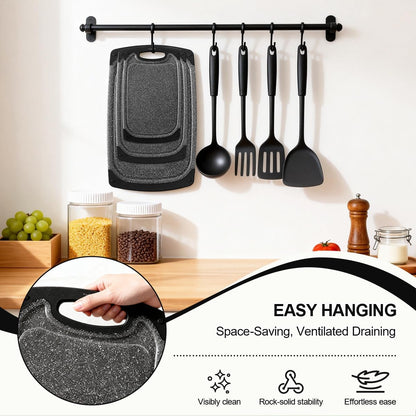 Plastic Cutting Boards Set of 3,BPA Free,Dishwasher Safe | Thick Chopping Boards for Kitchen with Deep Juice Grooves, Non‑Slip Feet, Easy Grip Handle, Grinding Area, Black8