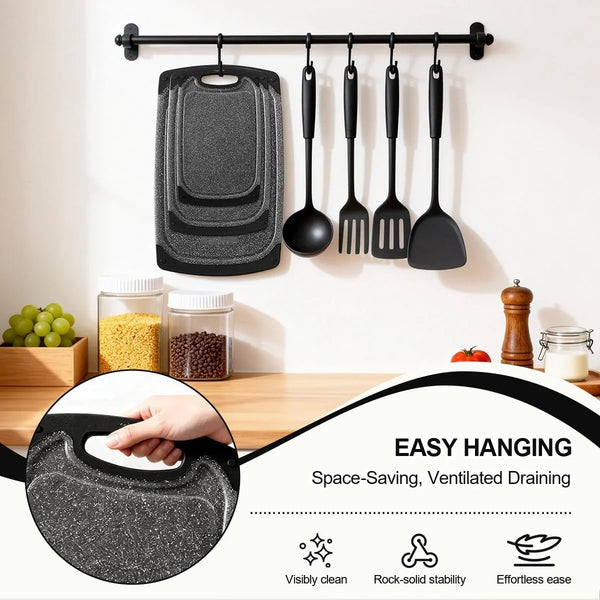 Plastic Cutting Boards Set of 3,BPA Free,Dishwasher Safe | Thick Chopping Boards for Kitchen with Deep Juice Grooves, Non‑Slip Feet, Easy Grip Handle, Grinding Area, Black8
