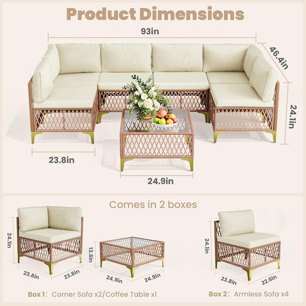 7-Piece Wicker Outdoor Furniture Set, Boho Sectional Sofa Patio Conversation Set with Washable Cushions & Glass Coffee Table, All-Weather Patio Furniture Set for Backyard, Porch, Cream8