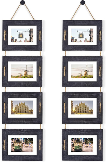 5X7 Hanging Collage Picture Frames Wall Decor, 4-Opening 5X7 Matted to 3.5X5 Photo Rustic Wood Frame with Hemp Rope, 2 Pack, Weathered Black1