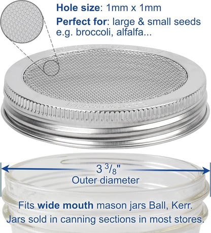 2 Pack ONE-PIECE 316 Surgical Stainless Steel Sprouting Lids for Wide Mouth Mason Jar (Ball Kerr) - One-Piece- Strainer Mesh Lids - Rust-Proof3