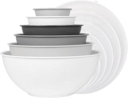 BPA Free Plastic round Mixing Bowl with Lids, 12 Pack Nesting Bowls with Lids Set, Microwave and Dishwasher Safe Prep & Serving Bowls Great for Mixing, Baking, Serving (White, 12Pcs)10