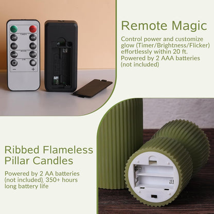 Olive Green Ribbed Flameless Pillar Candles with Remote Set of 23