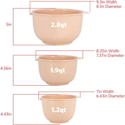 Mixing Bowls with Pour Spout| Nesting Design Saves Space | Non-Slip, BPA Free, Dishwasher Safe Plastic | Kitchen Cooking and Baking Supplies, Blush, 3 Piece Set3