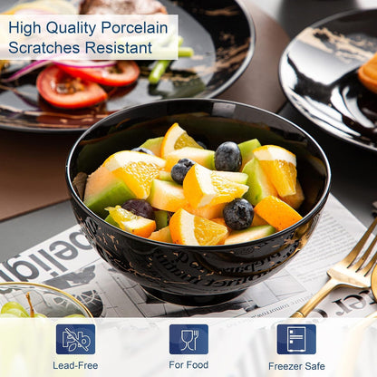 Black Plates and Bowls Sets for 4, Porcelain Dinnerware Sets 16 Piece Gold Splash Glaze Ceramic Dish Set, round Dinner Set with Mugs, Dishwasher Microwave Safe4