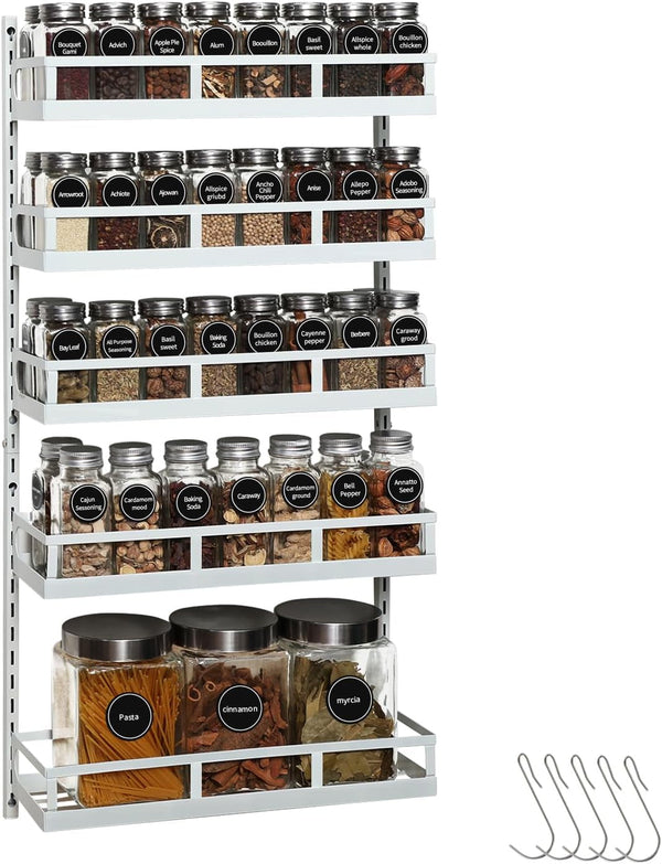 Wall Mount Spice Rack Organizer 5 Tier Height-Adjustable Hanging Spice Shelf Storage for Kitchen Pantry Cabinet Door, Dual-Use Seasoning Holder Rack with Hooks, White1