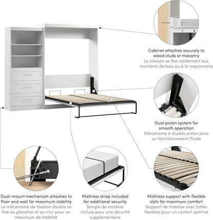 Queen Murphy Bed & Shelving with Drawers, White, Pur, 101W8