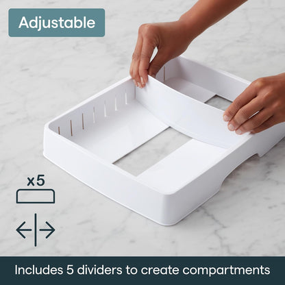 Storalid Food Container Lid Organizer for Kitchen Cabinet Storage with 5 Adjustable Dividers, 10.5''D × 13.4''W × 3.3''H, Large Classic Edition, White3