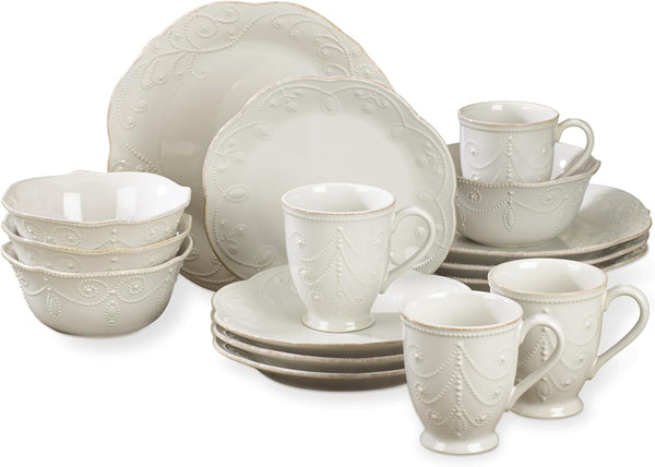 French Perle White Stoneware 16-Piece Dinnerware Set for 41