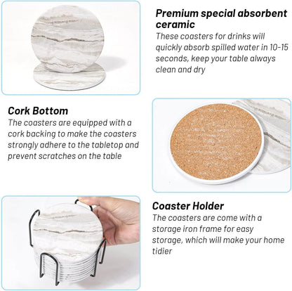 Drink Coasters with Holder for Coffee Table, Absorbent Coaster Set of 6, Marble Style Ceramic Coaster for Wooden Table, Suitable for Kinds of Cups, Home Decor, 4 Inches5