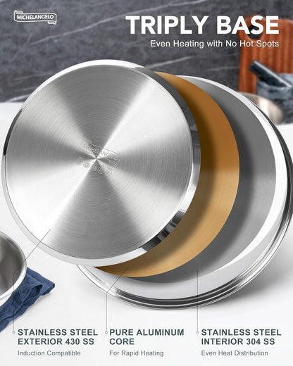 Stainless Steel Frying Pan Set, Cooking Pans with Removable Handle, Triply Base Stainless Steel Pan Set, Induction Compatible Skillet- 8" & 9.5" & 11"2