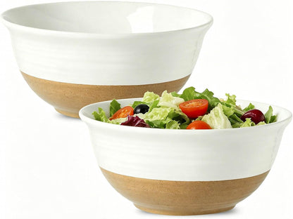 Large Ceramic Serving Bowls Set of 2, 84 Oz 9 Inch White & Terracotta Stoneware Mixing Bowls, Farmhouse Bowls for Salad, Baking, Popcorn & Side Dishes, Dishwasher & Microwave Safe1
