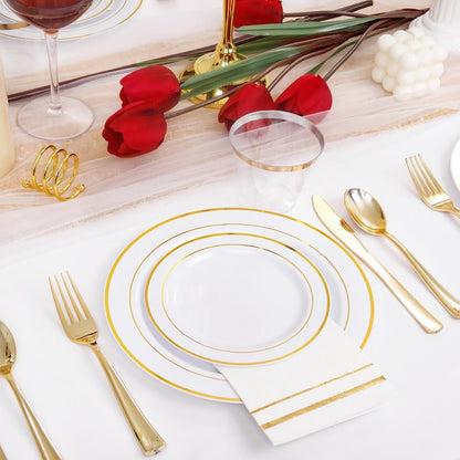 350PCS White and Gold Plastic Plates Dinnerware Set for Wedding6