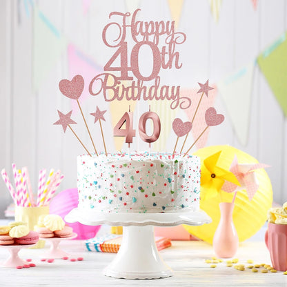 40Th Birthday Cake Decorations, 40Th Birthday Candles Cake Numeral Candles and Glitter Happy 40Th Birthday Cake Toppers Set for Birthday Party Supplies (Rose Gold)5