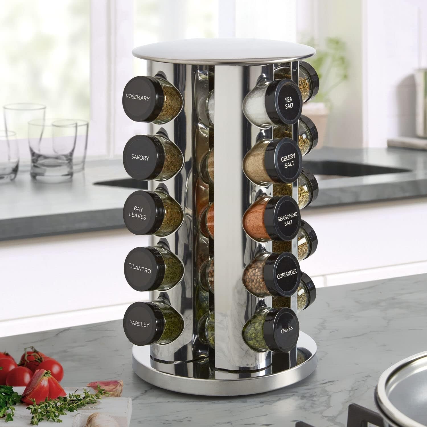 20-jar-revolving-countertop-spice-rack-with-spices-included-free-spice-refills-for-5-years-polished-stainless-steel-with-black-caps-30020