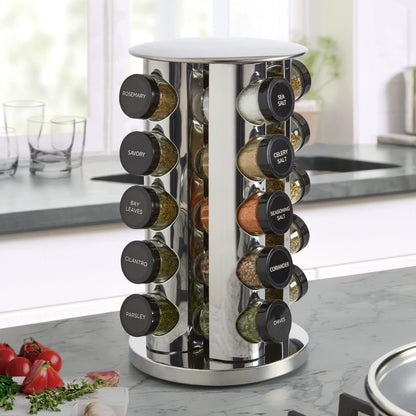 20 Jar Revolving Countertop Spice Rack with Spices Included, FREE Spice Refills for 5 Years, Polished Stainless Steel with Black Caps, 300206