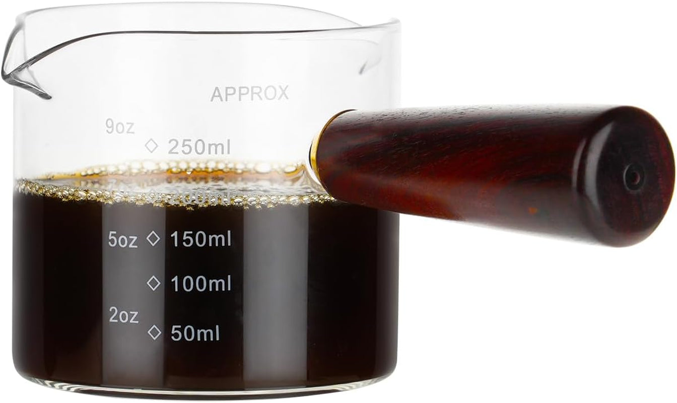 250ml-8-5oz-measuring-cup-espresso-shot-glasses-double-spouts-large-coffee-cup-with-wood-handle-triple-pitcher-milk-cup-parts-clear-glass-by-250ml-1pack