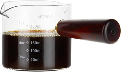 250ML/8.5OZ Measuring Cup Espresso Shot Glasses Double Spouts Large Coffee Cup with Wood Handle Triple Pitcher Milk Cup Parts Clear Glass by  (250Ml-1Pack)1