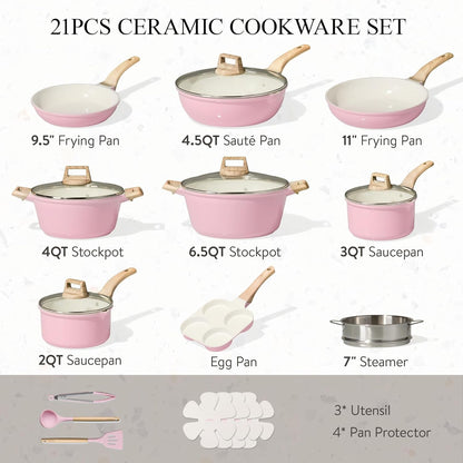 21Pcs Ceramic Cookware Set, Pots and Pans Set, Pink | Non-Toxic, Healthy Kitchen Set, All-Stovetop Compatible, Easy Clean, Even Heating, PFAS FREE2