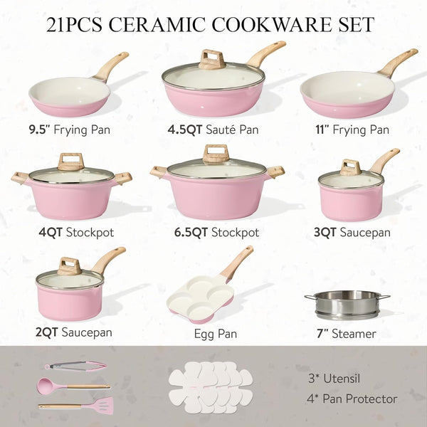 21Pcs Ceramic Cookware Set, Pots and Pans Set, Pink | Non-Toxic, Healthy Kitchen Set, All-Stovetop Compatible, Easy Clean, Even Heating, PFAS FREE2