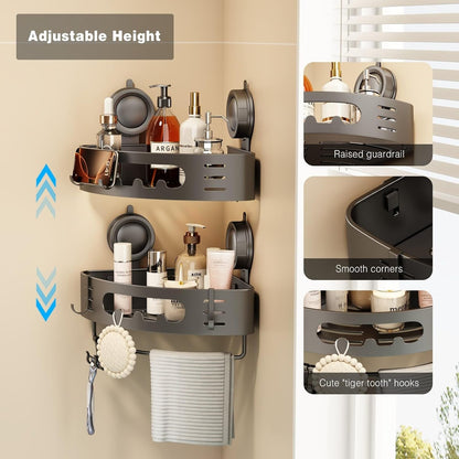Corner Shower Caddy Suction Cup, Aluminum Corner Shower Shelves for Wall No Drilling, Large Suction Cup Shower Organizer with Towel Bar & Hooks Removable Bathroom Storage Rack(2 Pack-Gray)3
