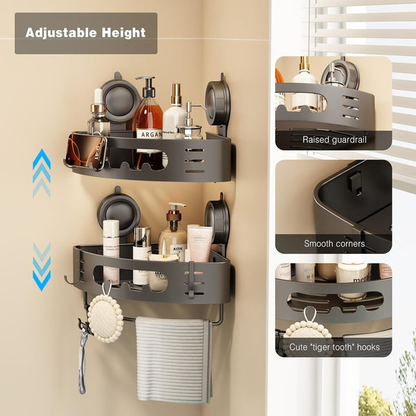 Corner Shower Caddy Suction Cup, Aluminum Corner Shower Shelves for Wall No Drilling, Large Suction Cup Shower Organizer with Towel Bar & Hooks Removable Bathroom Storage Rack(2 Pack-Gray)3