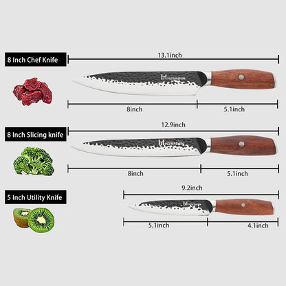 Kitchen Knife Set, German 8” Chef Knife Set Professional Rose Wood | 3 Piece, 5 Inch Utility Knife, Vg10 Japanese Steel, Paring Knife, Butcher, Sharp Knife, High Carbon Stainless Steel, No Block2