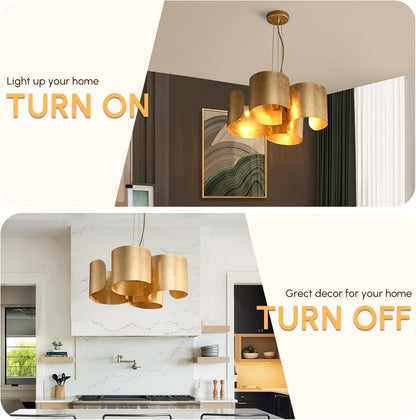 Gold Drum Chandelier 4-Light Glam Lighting Fixture, Unique Scrolled Shape Pendant Light Adjustable Hanging Dining Room Light Fixture6
