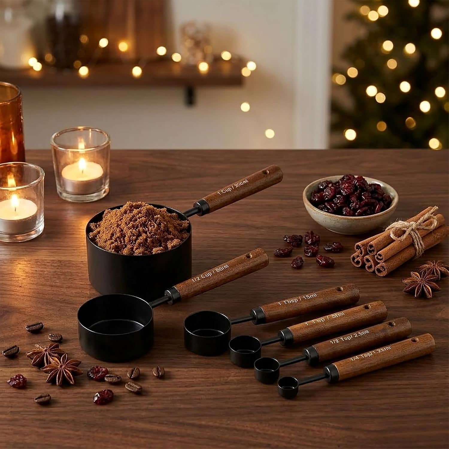 measuring-cups-and-spoons-set-8pcs-stainless-steel-metal-measuring-cups-walnut-wood-handle-black-plated-for-dry-and-liquid-ingredients
