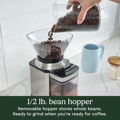 Electric Burr Coffee Grinder, 18-Position Selector, 4-18 Cups | Flat Burr Coffee Bean Grinder with 18 Options, Fine to Coarse, & Removeable, Easy-To-Clean 8 Oz Bean Hopper, DBM-8P16