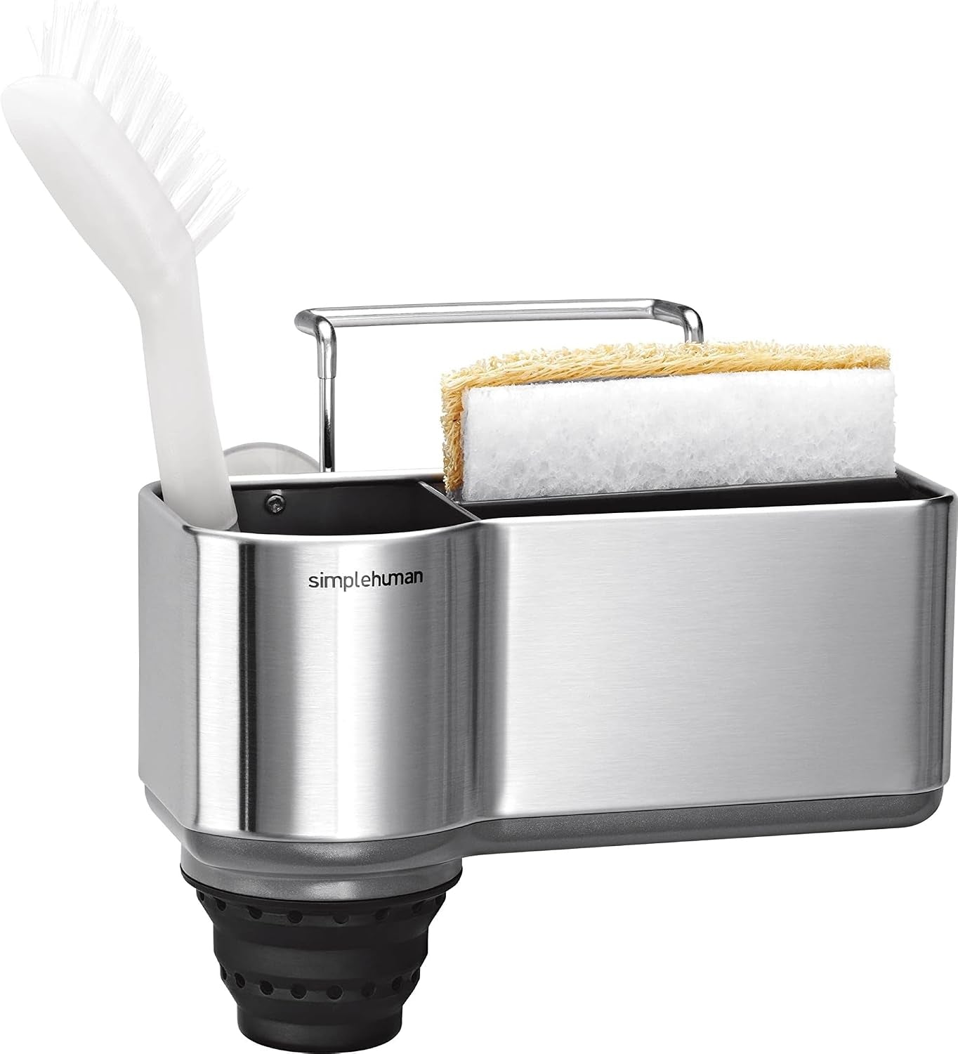 simplehuman-sink-caddy-sponge-holder-for-kitchen-sink-with-compartment-dividers-4-suction-cups-wire-ledge-hanger-for-secure-mount-vented-base-for-fast-drying-brushed-stainless-steel
