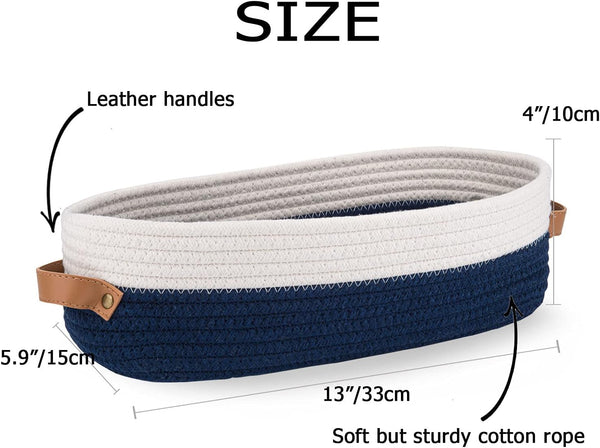 Toilet Basket,Woven Storage Basket for Toilet Tank Top Farmhouse Home Decor Organizing Baskets 13"X5.9"X4" Navy Stitching White5