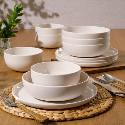 Candy Skies 12 Piece Unbreakable Wheat Straw Melamine Plates and Bowls Dinnerware Set - Outdoor, Camping, & Everyday Use - Matte Exterior/Shiny Interior Taupe Cream4