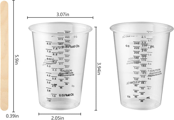 20Pcs 8Oz Graduated Clear Plastic Measuring Mixing Cups with 20Pcs Wooden Stirring Sticks for Mixing Paint, Pigments, Epoxy Resins2