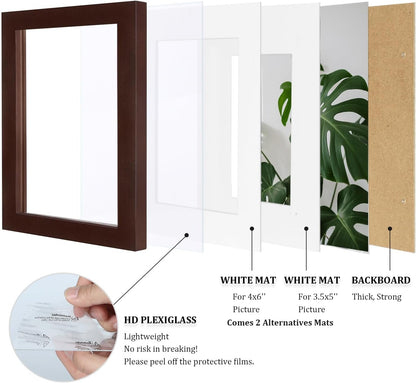 5X7 Picture Frames Made of Solid Wood with Plexiglass, Display Pictures 3.5X5/4X6 with Mat or 5X7 without Mat Set of 4 for Tabletop and Wall Mounting, Walnut Color4