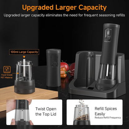 Electric Salt and Pepper Grinder Set,2 Pack Rechargeable Automatic(Black)2