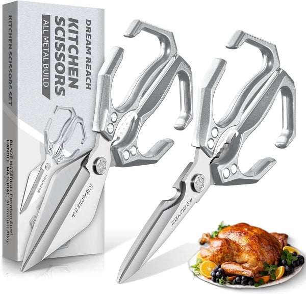 Huusk Viking Japanese Meat Cleaver with Silver Heavy Duty Kitchen Scissors Set6