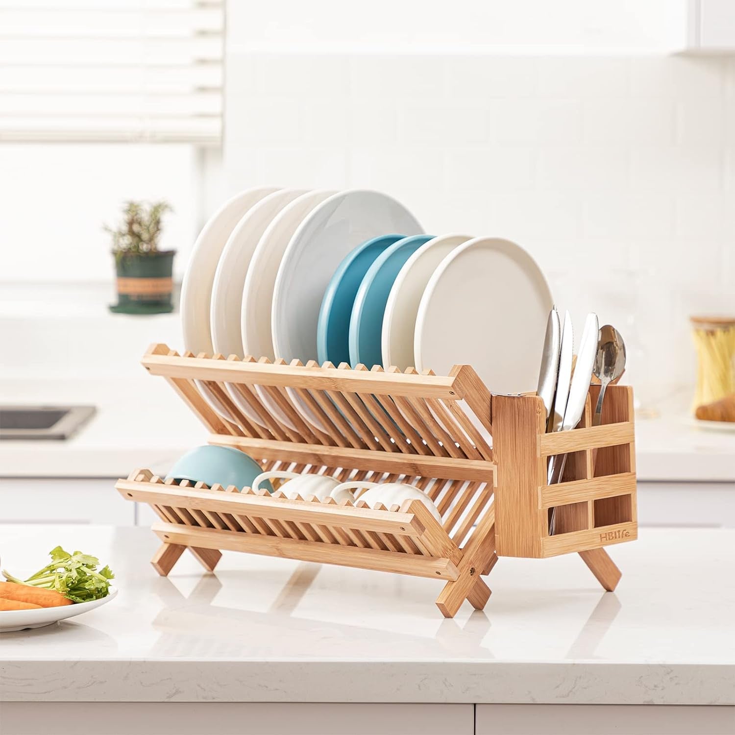 dish-rack-bamboo-folding-2-tier-collapsible-drainer-dish-drying-rack-with-utensils-flatware-holder-set-dish-rack-with-utensil-holder