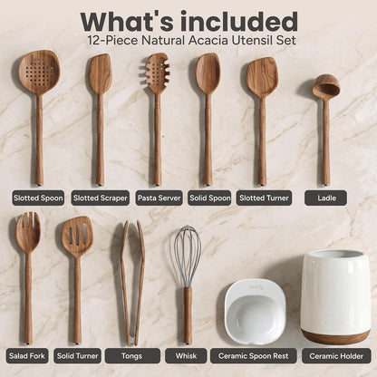 Acacia Wooden Utensil Set with Ceramic Holder & Spoon Rest,12-Piece2