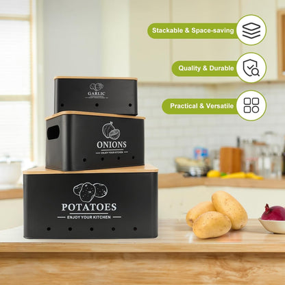 Kitchen Vegetable Storage Set of 3, Metal Onion Garlic Potato Storage Set, Kitchen Canisters Vegetable Keeper Containers with Aerating Holes and Bamboo Lid,Black3
