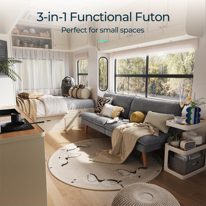 66" Futon Sofa Bed, Corduroy Futon Couch with 3-Position Adjustable Backrest, Convertible Sofa Bed Loveseat, Small Couches for Small Spaces, Living Room, Office, Guest Room (Grey)6