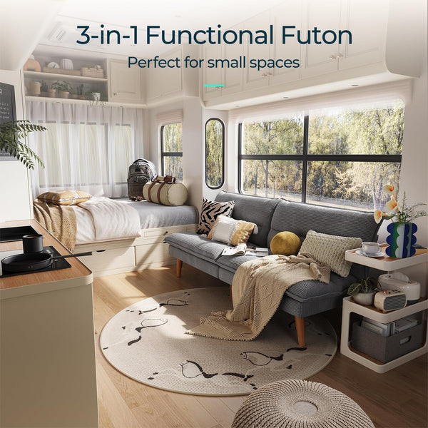 66" Futon Sofa Bed, Corduroy Futon Couch with 3-Position Adjustable Backrest, Convertible Sofa Bed Loveseat, Small Couches for Small Spaces, Living Room, Office, Guest Room (Grey)6