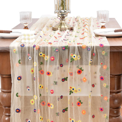 Flower Table Runner Floral Daisy Fall Wedding Birthday Party Home Decor | Champagne 10Ft Embroidery Wildflower Tulle Seasonal Tea Party Bridal Shower Holiday Picnic Home Table Decorations2