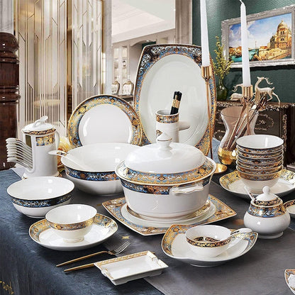 Elegant 80-Piece European-Style Bone China Dinnerware Set for 10 – Embossed Gold Pattern Plates, Bowls & Service Pieces – Perfect for Formal Dinners & Parties6