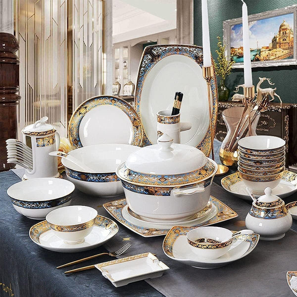 Elegant 80-Piece European-Style Bone China Dinnerware Set for 10 – Embossed Gold Pattern Plates, Bowls & Service Pieces – Perfect for Formal Dinners & Parties6