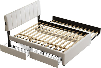 Queen Size Upholstered Platform Bed W/Trundle Bed & 2Storage Drawers8