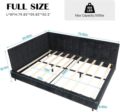 Full Size Daybed L-Shaped, Modern Velvet Upholstered Sofa Day Bed Frame with Wood Slats for Living Room Bedroom Guest Room, No Box Spring Needed, Black2
